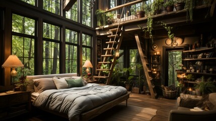 b'A bedroom in a treehouse with a view of the forest'