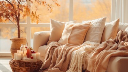 b'A cozy living room with a couch, pillows, blankets, and a basket of candles and books'