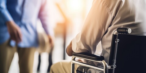 Elderly person's hand on wheelchair wheel in warm light