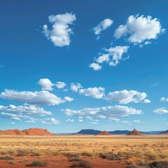 b'A vast desert landscape with red rock formations under a blue sky with white clouds'