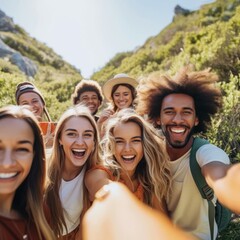 Obraz premium b'A group of diverse friends taking a selfie in the mountains'