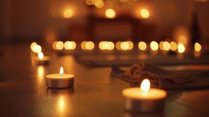 The dimmed overhead lights and abundance of candles create a soothing meditative atmosphere that is ideal for a restorative yoga class. 2d flat cartoon.