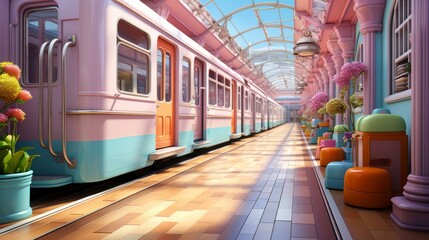 Fototapeta premium b'A pink and blue train station with a long platform and a glass roof'
