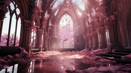 b'Pink fantasy castle with cherry blossom trees'