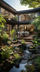 b'Courtyard with tropical plants and a pond'