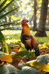 Colorful rooster in a cozy backyard setting with ample space for custom text vertical composition