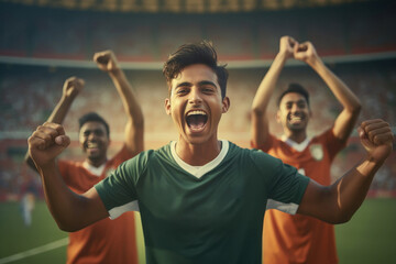 young men and excited audience celebrating and screaming while watching cricket match at stadium - Powered by Adobe