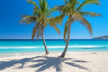 Obraz premium b'Two palm trees on a beach with white sand and turquoise water'