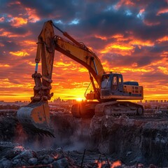 b'Excavator working on a construction site at sunset'