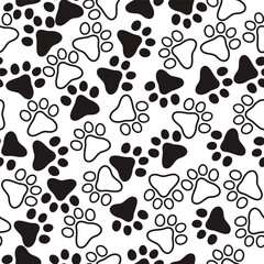 Seamless pattern with cute paws animals. Grooming. Veterinary. Pets. Seamless pattern for pet shop, prints, design. Repeating cartoon black dog or cat on white background. Repeated elements.