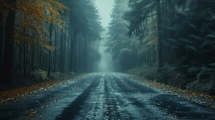 b'Road through a dark and foggy forest'