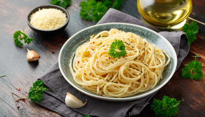 Close-up of spaghetti aglio e olio with sauteed garlic, chili flakes, parsley. Tasty Italian food.