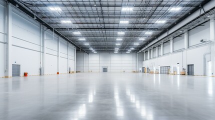 b'Large empty warehouse interior with concrete floor and bright led lighting'