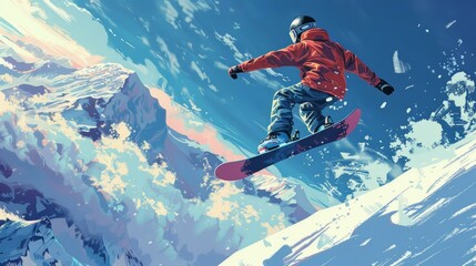b'A snowboarder jumps over a snowy mountain'