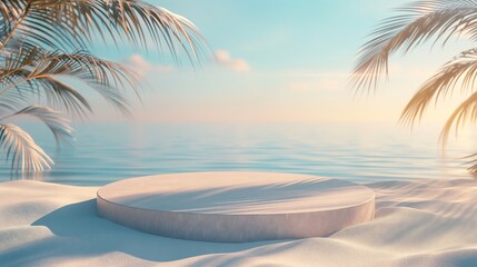 Fototapeta na wymiar Oceanfront circular podium on sandy beach with palm leaves. Product presentation and tropical vacation concept with copy space. 3D render for design and branding.