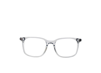 Pair of glasses with a transparetn grey frame isolated on a plain white background. Front view....