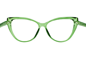 Rear view of a pair of cat eye shaped glasses with a transparent green frame isolated on a plain...