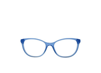 Pair of glasses with a bue frame isolated on a plain white background. Front view. Copy space.