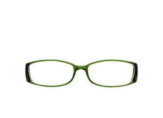 Fototapeta premium Close up view of the front of a pair of glasses with a green frame isolated on a plain white background. Copy space.