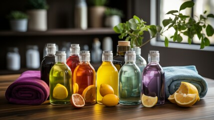 b'Colorful bottles of essential oils and lemons on a wooden table'
