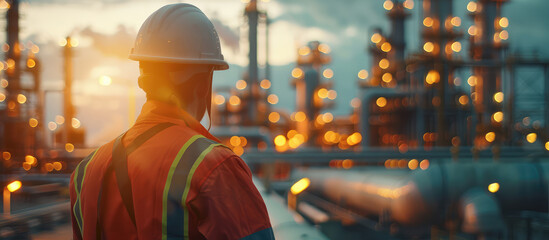 Back view of engineer worker in uniform and hardhat on Pipeline and pipe rack of petroleum industrial plant background. 