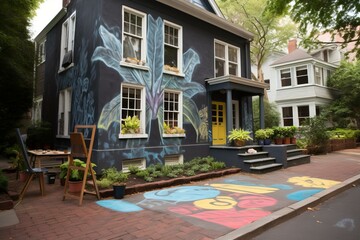 b'Black house with blue and purple mural of tropical leaves'