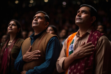 Indian people standing in respect of the national anthem.