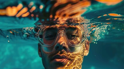 A young person is partially submerged underwater, with only their face visible, wearing clear swim goggles. The water line cuts across the middle of the frame, showing a distorted underwater view of t