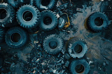 Aerial view of discarded tires in a junkyard or repair shop, highlighting recycling efforts and environmental impact.

