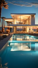 Fototapeta na wymiar b'Modern luxury house with pool and palm trees'