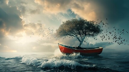 A large, lush tree grows improbably from a red boat floating on the ocean. The scene is backlit by the sun, which is partially obscured by clouds, creating a dramatic sky. The ocean is relatively calm - obrazy, fototapety, plakaty