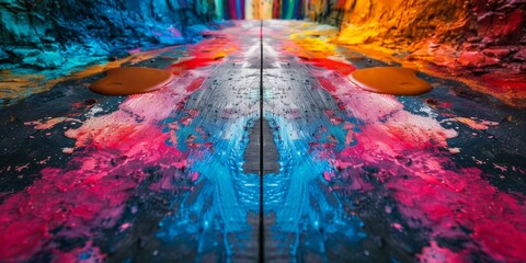 Colorful spilled paint on wooden planks