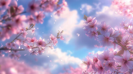 Cherry blossoms drift on a breeze in a pastel dreamscape.