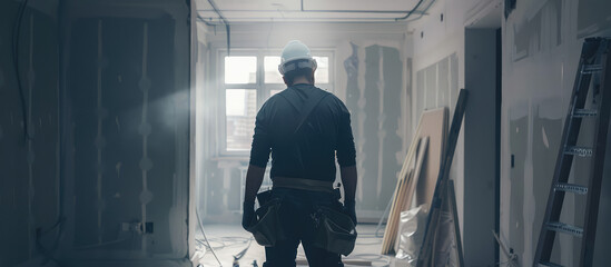 Rear view of professional interior renovation worker in home apartment background. Banner for company  renovation of new buildings and secondary housing.