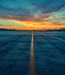 b'An empty airport runway at sunset'