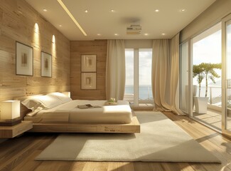 b'Modern bedroom interior design with wooden wall and sea view'