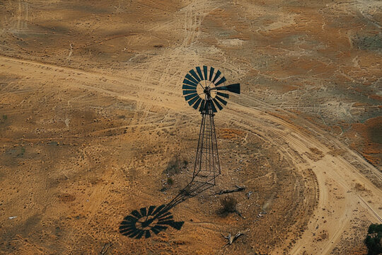 Aerial view of an abandoned farm with wind turbines amidst drought, highlighting environmental challenges.

