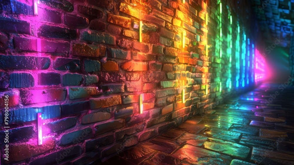 Poster A colorful brick wall with neon lights shining through it. The lights are in different colors and are arranged in a rainbow pattern. The wall appears to be part of a tunnel or a walkway