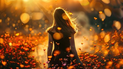 A woman is standing in the center of the frame with her back to the camera. She is in a field full of orange and red flowers, possibly wildflowers or poppies, bathed in the warm golden light of the se