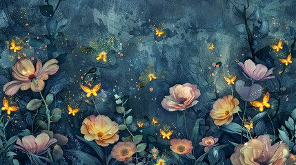 Luxurious contemporary floral wallpaper with enchanting fireflies. Watercolor 3D illustration,...