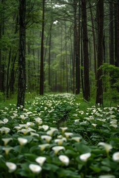 Calla lilies blooming in a forest