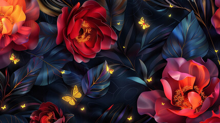 Modern floral patterns with bold designs and glowing fireflies. Watercolor 3D illustration, texture.