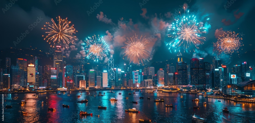 Poster a city skyline is lit up with fireworks, creating a festive and lively atmosphere. the fireworks are