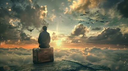 A solitary individual sits on a dark brown vintage suitcase atop a rock outcropping, gazing into a breathtaking sky. The sky is a tapestry of orange, yellow, and blue hues, indicative of either sunset - Powered by Adobe