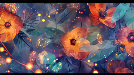 Modern floral patterns with whimsical fireflies. Watercolor 3D illustration, texture.