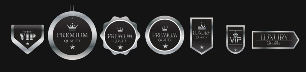 Silver luxury labels and banners. Vector set of  award badges, best quality guarantee certificates, emblems and ribbons for product promotion. Isolated VIP quality guaranteed stamps.eps10