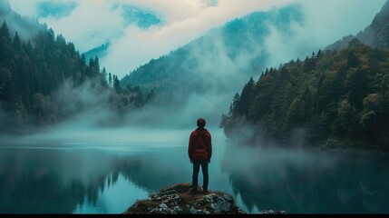 A person in a red hoodie stands at the edge of a clear, tranquil lake, gazing into a thick mist that envelops the surrounding dense pine forest. The mist creates an ethereal atmosphere, partially obsc