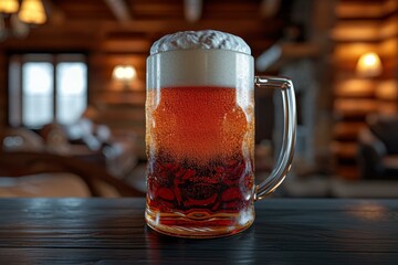 b'A close-up image of a mug of beer on a wooden table in a bar or restaurant with a warm, inviting atmosphere.'