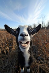 Happy and humorous goat on farm, perfect for text overlay, vertical image with copy space