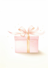 Watercolor illustration of a luxurious pink gift box adorned with a gold ribbon and heart shaped tags, styled as clipart, set against a soft bokeh background, isolated on a white background